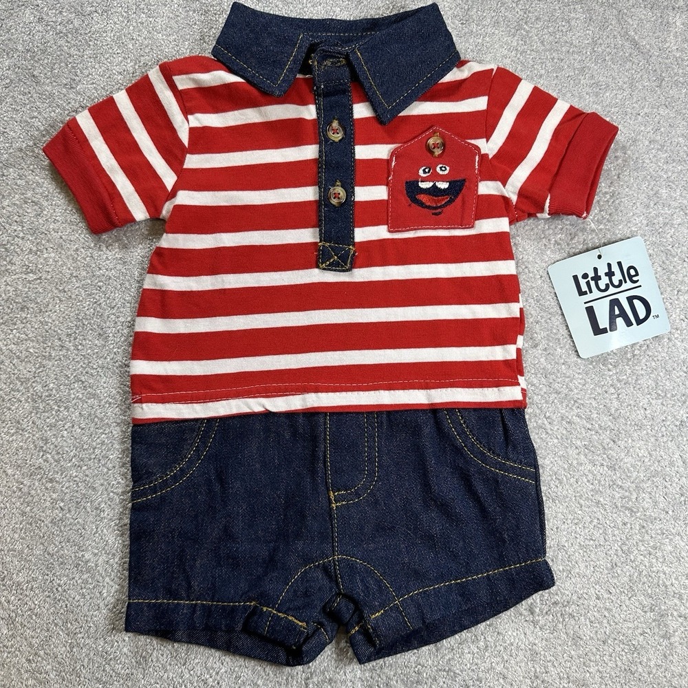NWT Infant Baby Boy's Red & White Romper With Denim Style Shorts 0-3 Months